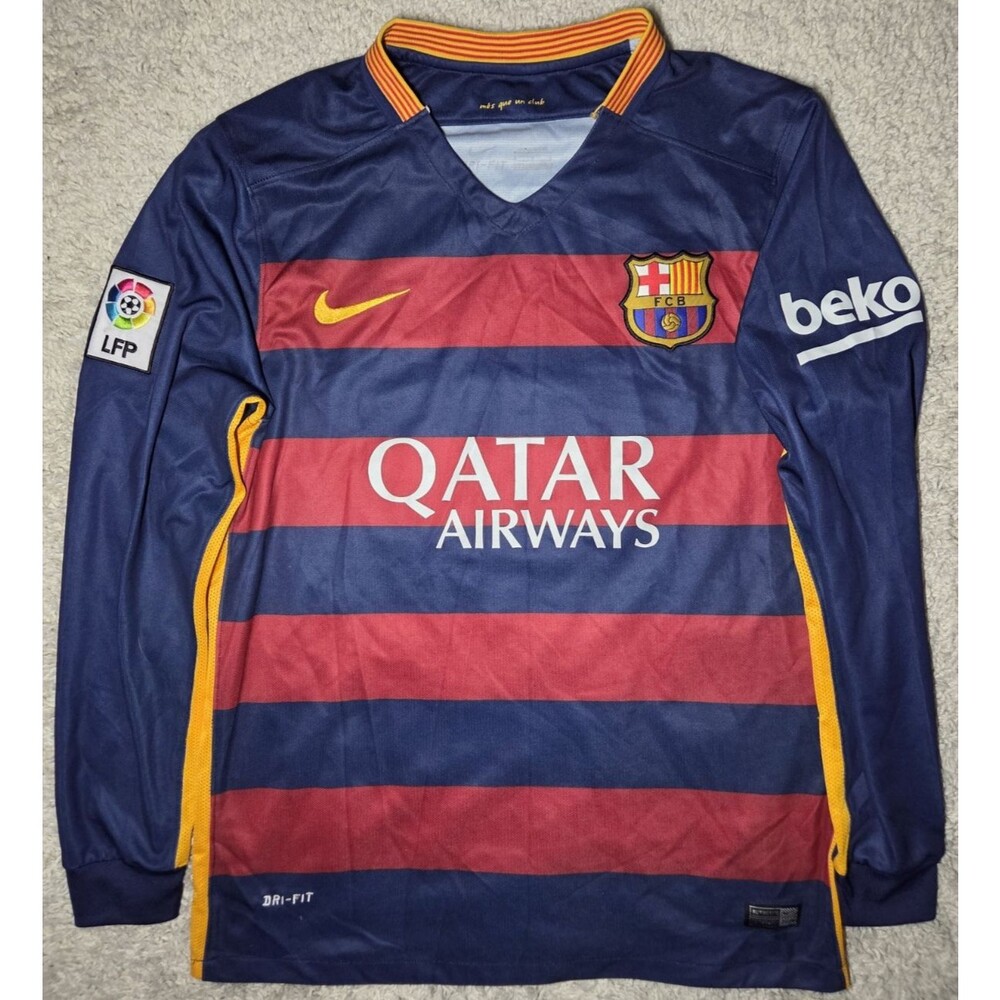 Nike FC Barcelona Messi #10 Long Sleeve Soccer Jersey Qatar Airways Mens